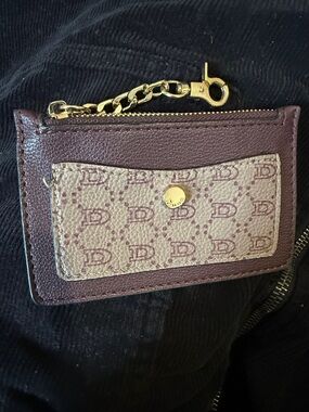 Dooney & Bourke Plum and Beige Signature Card Pouch with Gold Chain